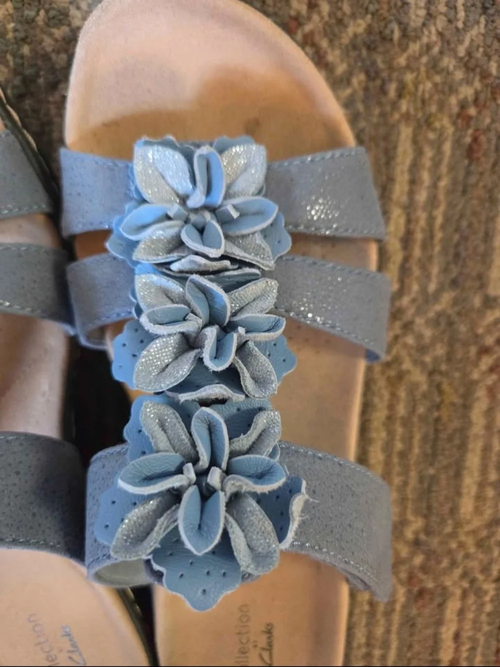 Clarks Women's Light Blue Floral Strap Slide Sandals